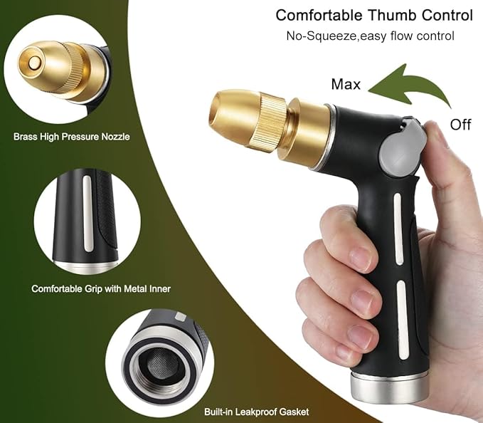 FANHAO Garden Hose Nozzle with High Pressure Jet, 100% Heavy Duty Metal Water Hose Sprayer, Thumb Flow Control, On Off Valve, Adjustable Spray Patterns for Garden Watering, Car and Pet Washing