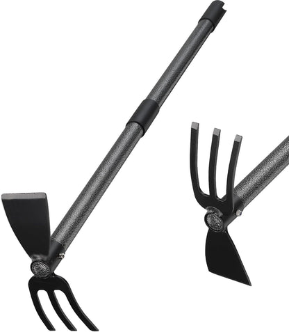 Hoe and Cultivator Gardening Hand Tools, Heavy Duty Stainless Steel Garden Hoe and 3 Fork Hand Tiller for Gardening Weeding Planting with Adjustable Handle 45 inch