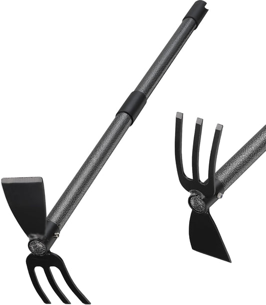 Hoe and Cultivator Gardening Hand Tools, Heavy Duty Stainless Steel Garden Hoe and 3 Fork Hand Tiller for Gardening Weeding Planting with Adjustable Handle 45 inch