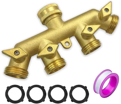 Hooshing Brass Garden Hose Splitter 4 Way 3/4" GHT Hose Connetor Spigot Adapter 4 Valves with Washers