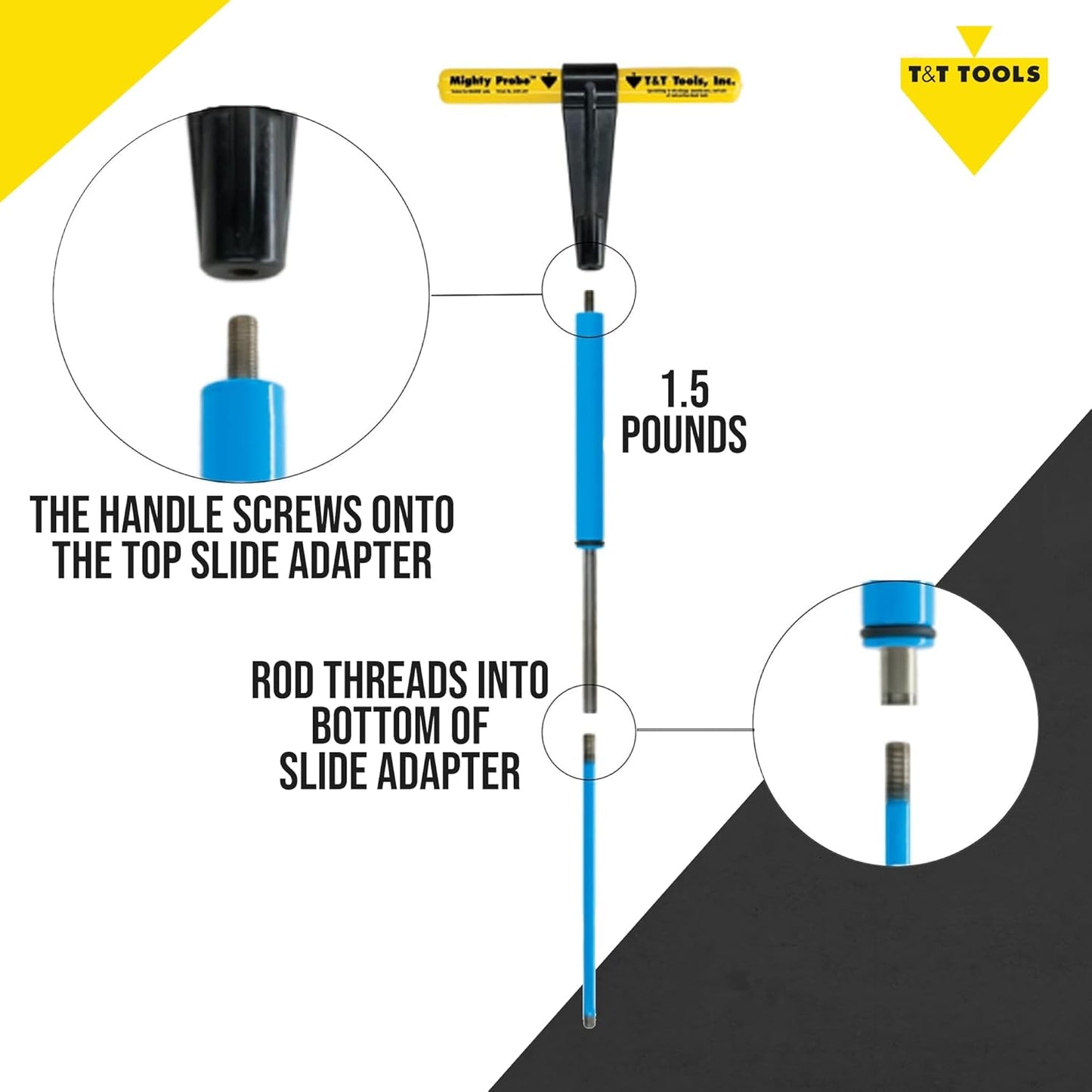 T&T Tools Mighty Probe with Slide Adapter – Insulated Metal Soil Probe, Ground Probe Rod with T-Handle, Septic Tank Locator Soil Sampling & Compaction Tester - 50 Inch Length, 3/8" Round Rod