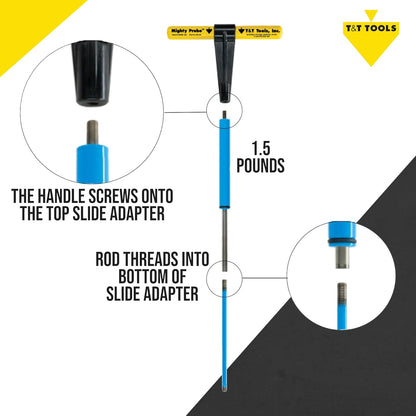 T&T Tools Mighty Probe with Slide Adapter – Insulated Metal Soil Probe, Ground Probe Rod with T-Handle, Septic Tank Locator Soil Sampling & Compaction Tester - 50 Inch Length, 3/8" Round Rod