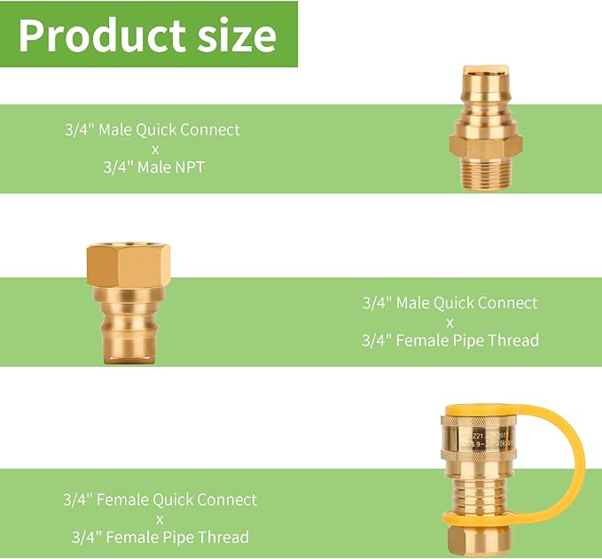 3/4 Natural Gas Quick Connect Fitting-3PCS Solid Brass Quick Release Fittings for BBQ Grill, RV, Propane (3PCS 3/4 Gas Quick Connect)