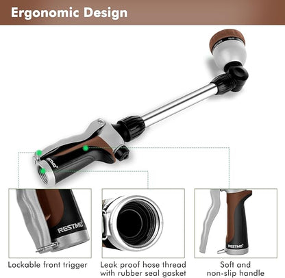 RESTMO Metal Watering Wand, Heavy Duty Garden Hose Wand with 180° Swivel Ratcheting Head, 16'' Hose Nozzle Sprayer with 7 Spray Patterns and Flow Control, for Water Hanging Baskets and Shrubs, Brown