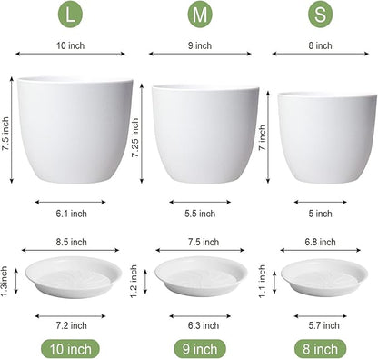 10/9/8 inch Medium Flower Pots, 3 Pack Modern Decorative Plastic Planters with Drainage Holes and Tray, Plant Pots for Indoor Outdoor Plants, White