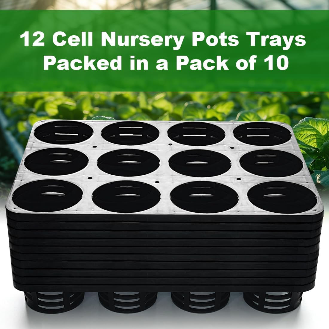 12 Cell Nursery Planter Pots Trays, Plant Pot Shuttle Carry Holder and Trays for 4 inch Round Plastic Nursery Pots Flowerpot Carrier Transporting (16.75" 12.43", 2.1" Deep, 10-Pack)