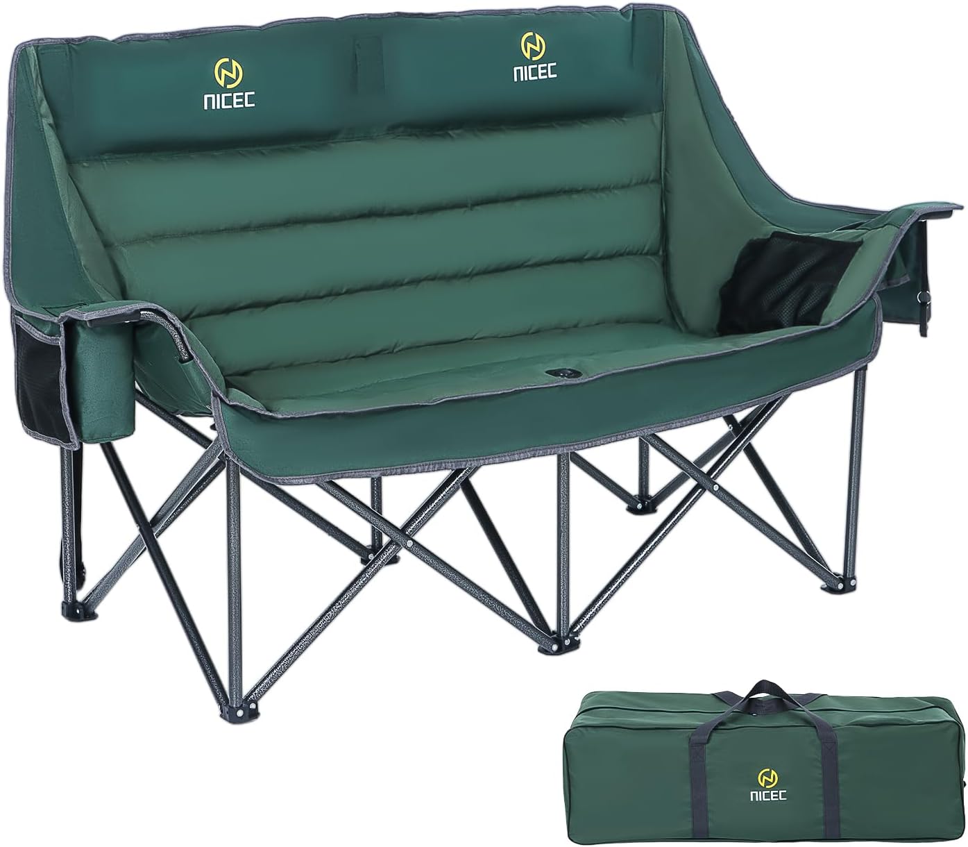 Nice C Double Padded Camping Chair, Oversized Loveseat Camping Chair, Outdoor Camping Couch for Adults, Lawn Chairs, Extra Padded, with Cup Holder, Cooler Bag, Bottle Opener (Green)