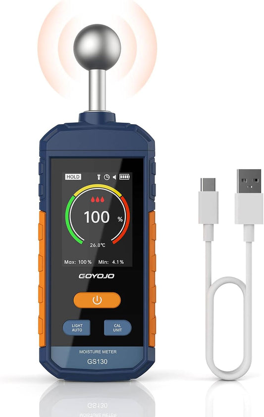 Pinless Wood Moisture Meter for Walls & Drywall | Digital Moisture Detector, Concrete Moisture Meter & Firewood Reader | GS130 USB-C Rechargeable Humidity Tester
