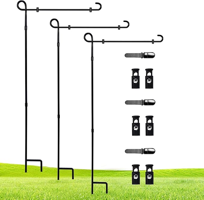 3 Pack Garden Flag Stand Holder Pole,Premium Powder-Coated Weather-Proof Metal Paint Yard Flag Stand with Tiger Clip and Spring Stoppers,House Flag Pole Holder for Outdoor Garden Lawn