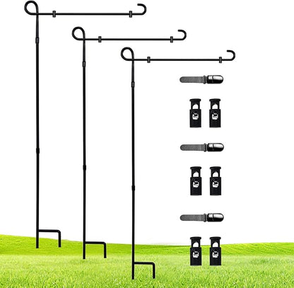 3 Pack Garden Flag Stand Holder Pole,Premium Powder-Coated Weather-Proof Metal Paint Yard Flag Stand with Tiger Clip and Spring Stoppers,House Flag Pole Holder for Outdoor Garden Lawn
