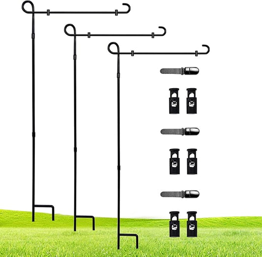 3 Pack Garden Flag Stand Holder Pole,Premium Powder-Coated Weather-Proof Metal Paint Yard Flag Stand with Tiger Clip and Spring Stoppers,House Flag Pole Holder for Outdoor Garden Lawn