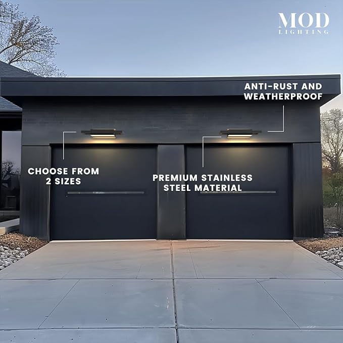 𝗠𝗢𝗗 𝗟𝗜𝗚𝗛𝗧𝗜𝗡𝗚 Brooklyn | Modern Outdoor Wall Lights LED, Exterior Wall Sconce Lights, Stainless Steel Outdoor Light Fixture, IP65 Waterproof Lights, 1 Pack (Black | Warm White | Small 14")