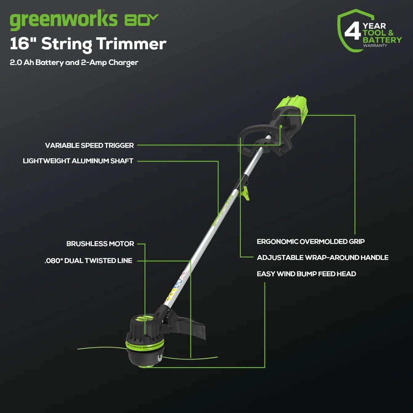 Greenworks 80V 16 inch Brushless String Trimmer, 2.0Ah Battery & Rapid Charger Included, ST80L210