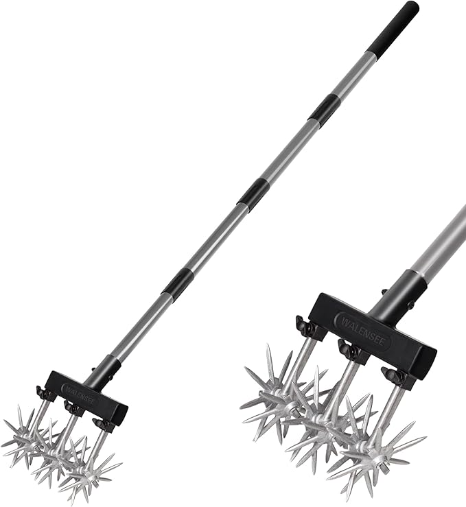 Walensee Rotary Cultivator Garden Tool – Adjustable Hand Tiller for Gardening & Lawn Care with Rustproof Aluminum Blades, Telescopic Handle, Lightweight Nylon Base – Soil Aerator & Grass Reseeder