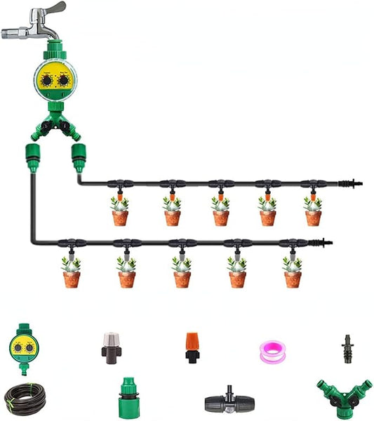 (10-20Meters Watering Timer Set) Drip Irrigation Set DIY Garden Automatic Watering Watering Device Garden Greening Automatic Irrigation System (15m+Manual Timer)