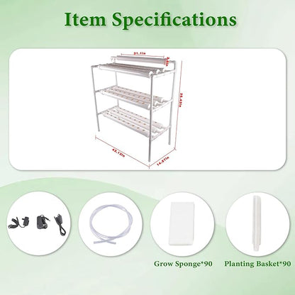 Hydroponic Grow Kit, 3 Layer 90 Plant Sites 10 Food-Grade PVC-U Pipes Hydroponics Planting System with Water Pump, Pump Timer, Nest Basket and Sponge for Leafy Vegetables