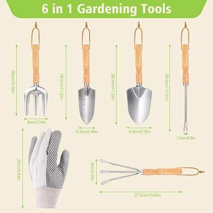 Garden Tools 5-Pieces, Heavy Duty Gardening Hand Tools with Wooden Handle, Canvas Gloves, Stainless Steel Material, Rust-Proof Garden Tool Set, Ideal Gardening Gifts for Women