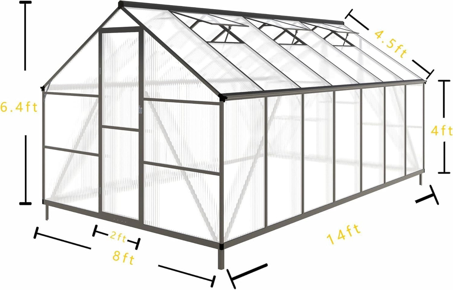 CQZY 8x14 FT Greenhouse for Outdoors, Polycarbonate Greenhouse with Quick Setup Structure and Roof Vent, Aluminum Large Walk-in Green House for Outside Garden Backyard, Dark Gray