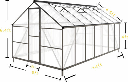 CQZY 8x14 FT Greenhouse for Outdoors, Polycarbonate Greenhouse with Quick Setup Structure and Roof Vent, Aluminum Large Walk-in Green House for Outside Garden Backyard, Dark Gray
