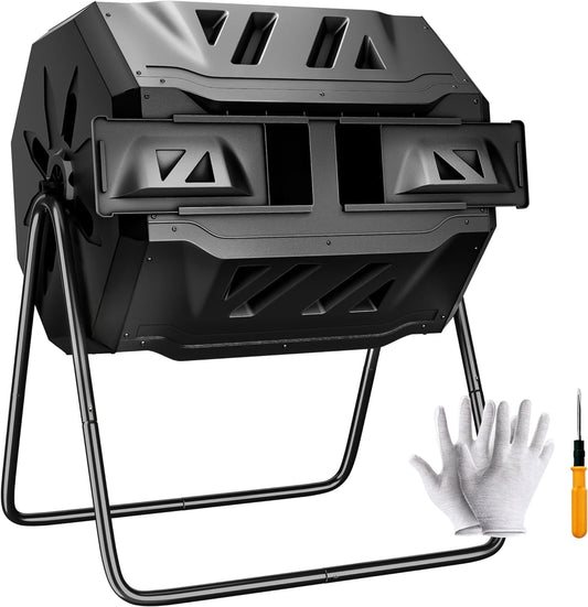 43 Gallon Large Composting Tumbler Dual Chamber Outdoor Garden Rotating Compost Bin Tumbling Composter with Sliding Door,Black