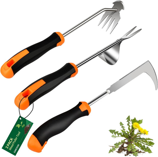 2025 Weed Puller Tool, 3 Pack New Garden Stainless Steel Weeder Tool Hand Weeder Tool,Multi-Purpose Weed Remover Tool Weeding Tools for Gardening(Rubber Handle)