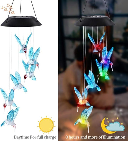 MorTime LED Solar Hummingbird Wind Chime, 25" Outdoor Hanging Wind Chime for Patio Lawn Garden Decorations, Automatic Light Changing Color (Blue Hummingbird)