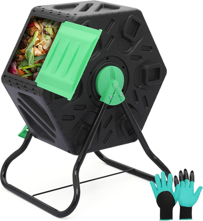 Athena Collection Compost Tumbler, 17 Gallon Single Chamber Outdoor Rotating Composter Bin with Gloves, Easy-Turn BPA-Free Plastic Compost Barrel for Backyard Garden, Patio, Kitchen Food Waste