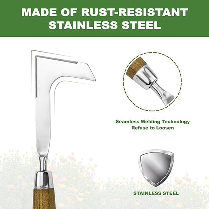 Haliaeetus Crack Weeder, L-Shape Stainless Steel Crevice Weeding Tool, Comfortable Grip Wood Handle Paver Weeder, 11'' Sidewalk Weed Removal Tool for Garden Lawn, Bricked Patio and Terrace Paving Moss