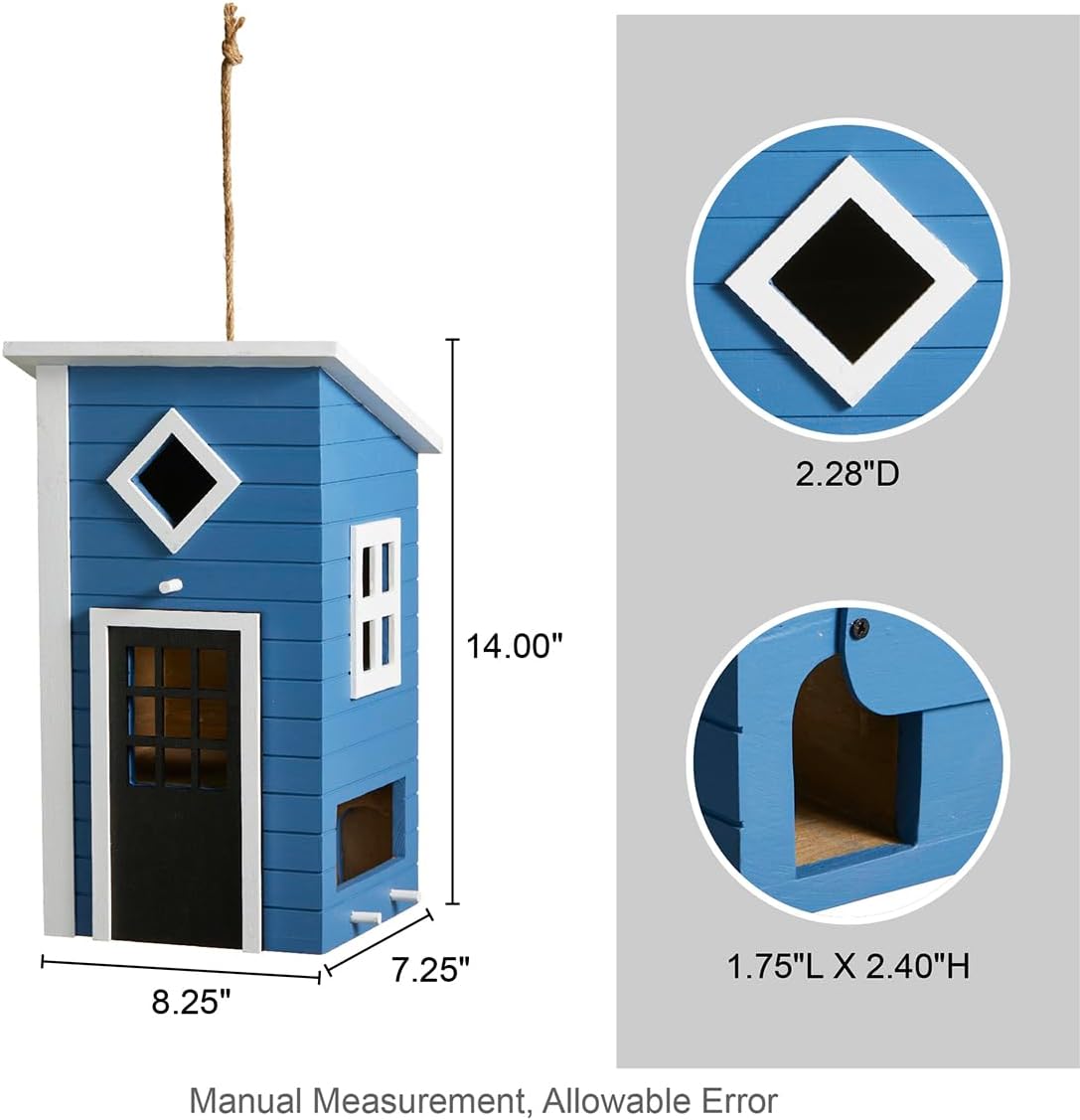 Glitzhome Large Bird Houses for Outside, Hanging Bird Houses for Outdoors, 14"H Modern Hand Painted Solid Wood Cottage Hummingbird House, Functional Decorative Birdhouse for Garden Patio Backyard,Bule