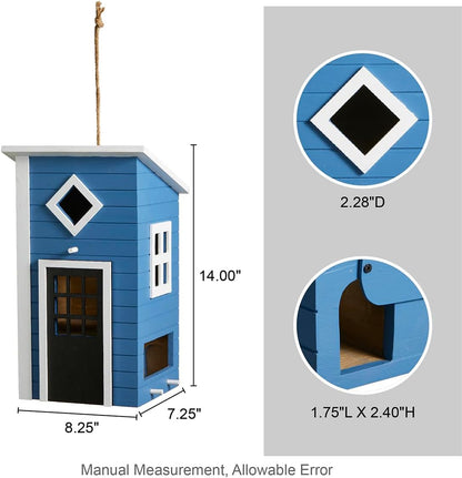 Glitzhome Large Bird Houses for Outside, Hanging Bird Houses for Outdoors, 14"H Modern Hand Painted Solid Wood Cottage Hummingbird House, Functional Decorative Birdhouse for Garden Patio Backyard,Bule