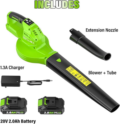 SEYVUM Cordless Leaf Blower, 20V Blower with 2 X 2.0 Ah Battery, Electric Blower for Lawn Care, 350 CFM 150 MPH Battery Powered Leaf Blower with Charger, for Patio, Garden Cleaning, Green