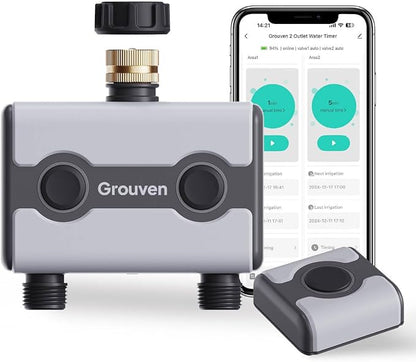 WiFi Sprinkler Timer 2 Outlet Water Timer with Rain Delay APP Control via 2.4Ghz WiFi and Bluetooth Outdoor Watering Automate Water & Sprinkler Schedules for Garden