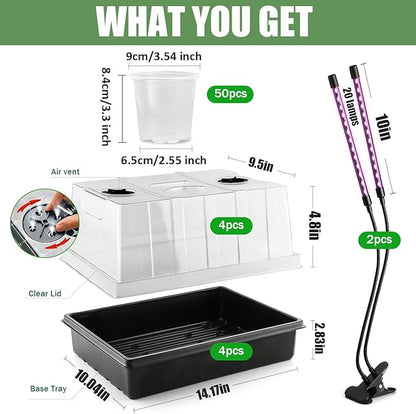 50p 3.5" Clear Nursery Pots with 4p Trays and 2p Adjustable LED Grow Lights – Transparent Plant Pots with Drainage Holes, Complete Seed Starter Kit with 5" Tall Humidity Dome for Plant Propagation