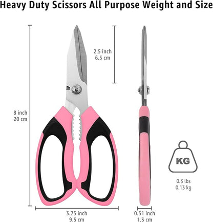 8-Inch Heavy Duty Utility Scissors All Purpose, Serrated Blade, Pink Comfort Grip for Cutting Carpet, Cardboard, Leather, Fabric, Multipurpose Sharp Shears for Kitchen, Garden, Office, Carft