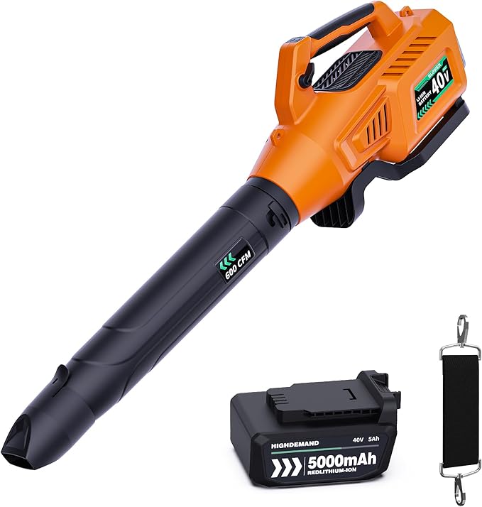 Leaf Blower Cordless, 40V 600CFM &180MPH Electric Leaf Blower with 5.0Ah Battery, Fast Charger and Extension Tube for Blowing Leaves Snow for Yard Garden Lawn Care, Orange