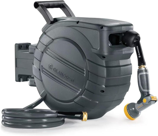 GLAHODEN Retractable Garden Hose Reel 1/2 in x 65 ft, 2025 Upgraded Dual Ratchet Lock UV & Freeze Protection Brass Seal Slow Retraction Anti-Tangle Hose 180°Swivel Reinforced Scaffold Wall Mount