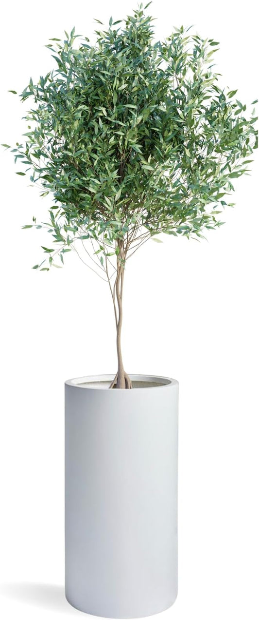 19.5"H x 9.8"D Tubo Fiberstone Cylinder Tall Planter with Drainage Hole, Smooth Finishes, Weather Resistant for Indoor and Outdoor Use, Included 2 Extra Coco Mats (White, 8.2" Pot Opening)