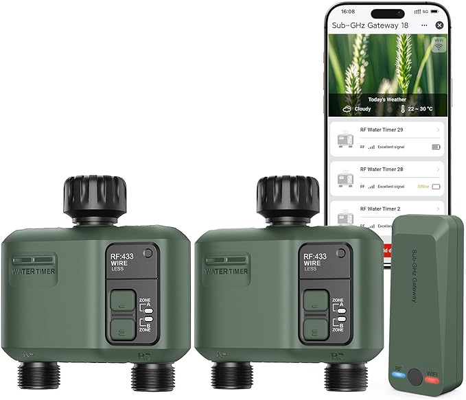 WiFi Water Timer 2 Zone for Garden Hose, 2 Pc Smart Sprinkler Timer with 984ft RF Range, Smart Lawn Watering System Irrigation Controller, APP/Voice Control, Rain Delay, Automatic/Manual Irrigation