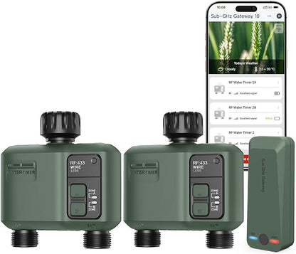 WiFi Water Timer 2 Zone for Garden Hose, 2 Pc Smart Sprinkler Timer with 984ft RF Range, Smart Lawn Watering System Irrigation Controller, APP/Voice Control, Rain Delay, Automatic/Manual Irrigation