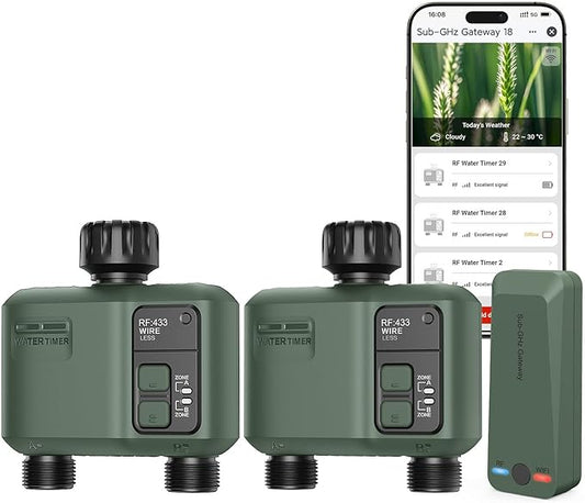 WiFi Water Timer 2 Zone for Garden Hose, 2 Pc Smart Sprinkler Timer with 984ft RF Range, Smart Lawn Watering System Irrigation Controller, APP/Voice Control, Rain Delay, Automatic/Manual Irrigation