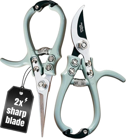 Modern Sprout Hand Pruners & Shears Set with Blister Pack - Lightweight Gardening Tools with Easy Lock - Sharp Carbon Steel Blades -Rust Resistant Scissors for Herbs, Flowers - Sage