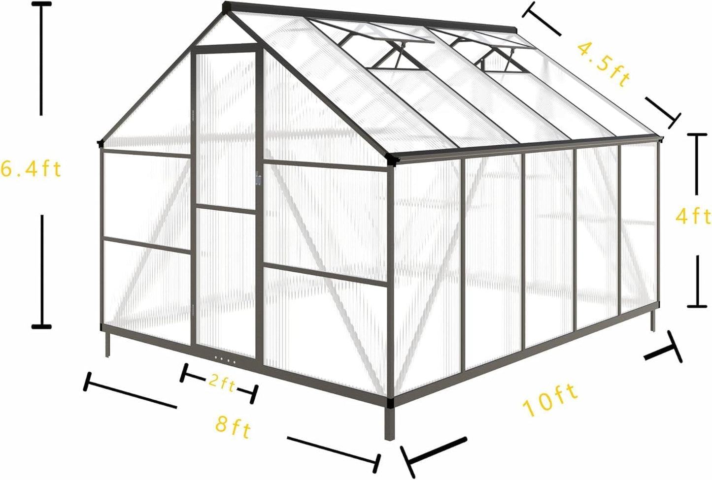 CQZY 8x10 FT Greenhouse for Outdoors, Polycarbonate Greenhouse with Quick Setup Structure and Roof Vent, Aluminum Large Walk-in Green House for Outside Garden Backyard,Dark Gray