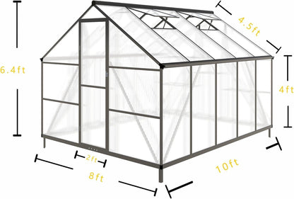 CQZY 8x10 FT Greenhouse for Outdoors, Polycarbonate Greenhouse with Quick Setup Structure and Roof Vent, Aluminum Large Walk-in Green House for Outside Garden Backyard,Dark Gray