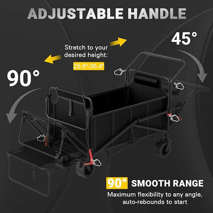 LEVELEVE Heavy Duty Folding Wagon - 2-in-1 Collapsible Cart, 650lb Capacity, All-Terrain Wheels w/Brakes & Side Pockets (Black)