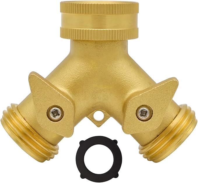 HYDRO MASTER Heavy Duty Brass 2 Way Y Splitter Garden Hose with Comfortable Grip Shut Off Valves, Adapter for Water Tap, Outlet, & Spigot, Includes Extra Rubber Washers