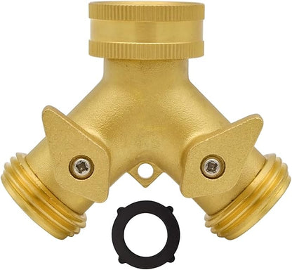 HYDRO MASTER Heavy Duty Brass 2 Way Y Splitter Garden Hose with Comfortable Grip Shut Off Valves, Adapter for Water Tap, Outlet, & Spigot, Includes Extra Rubber Washers