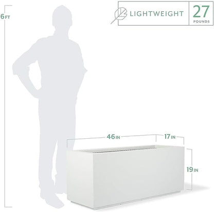 PolyStone Milan Tall Modern Outdoor/Indoor Rectangular Trough Planter, 46" L X 17" W X 19" H, Lightweight, Heavy Duty, Weather Resistant, Polymer Finish, Commercial and Residential (White)