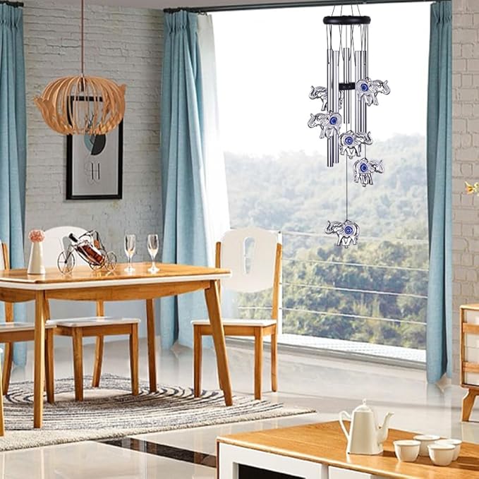 Blue Evil Eye Elephant Wind Chimes Outdoor Decor, Mobile Evil Eye Windcatcher, Evil Eye Elephant Wind Bells, Blue Evil Eye Amulet Wind Chimes for Home, Gift for Mom, Balcony, Patio, Garden Decoration