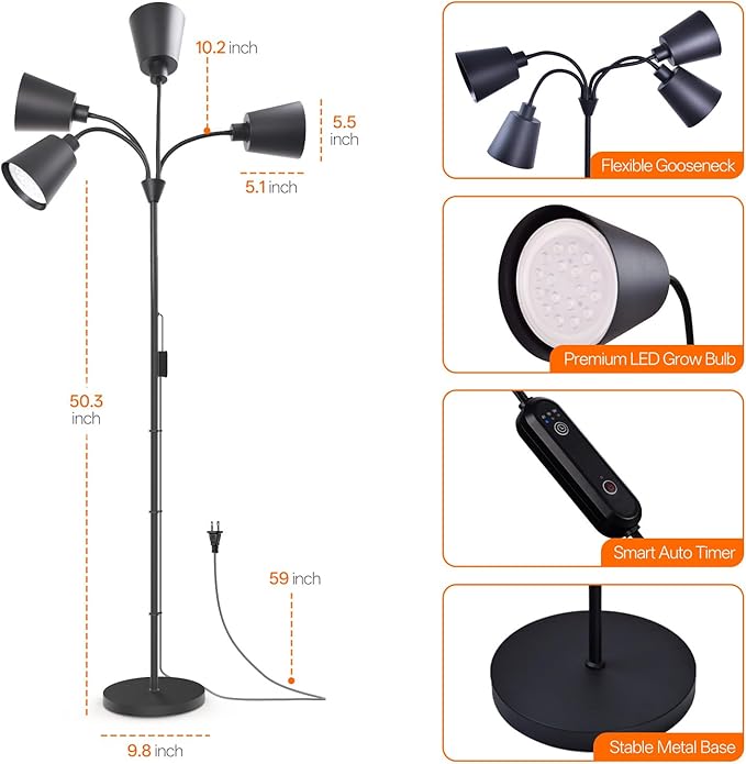 Bstrip Grow Lights for Indoor Plants, 4 Head Floor Grow Light Stand with Flexible Gooseneck, 3800K Full Spectrum Non-Dimmable Light for Plants Growing, 59" Tall Standing Grow Light with Smart Timer