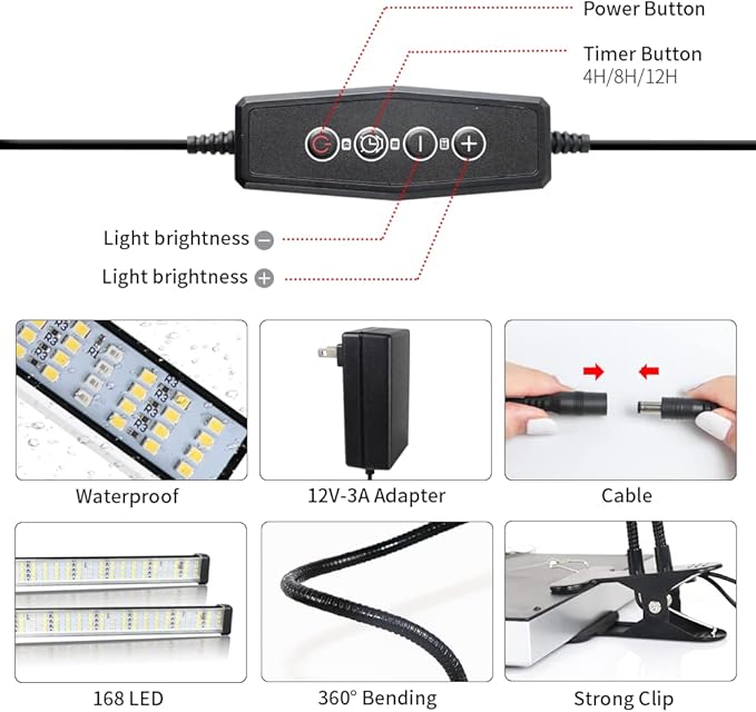 GooingTop Grow Light 100W 6000K, Super Bright White Desktop Clip Plant Lamp for Seedlings Succulents Seeds Starting Indoor Plants Growing,Bendable Gooseneck & Timer 4 8 12 H